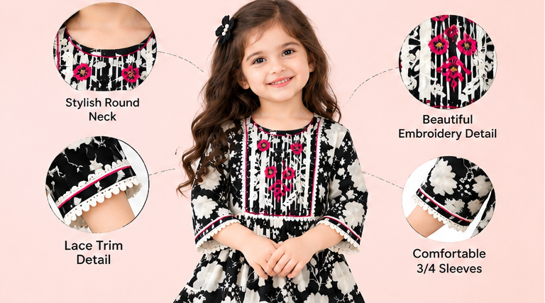 Girls Black and White Sharara Set | Floral Print Kurti with Striped Sharara Pants and Matching Dupatta | 3-Piece Ethnic Wear for Festivals and Parties]
