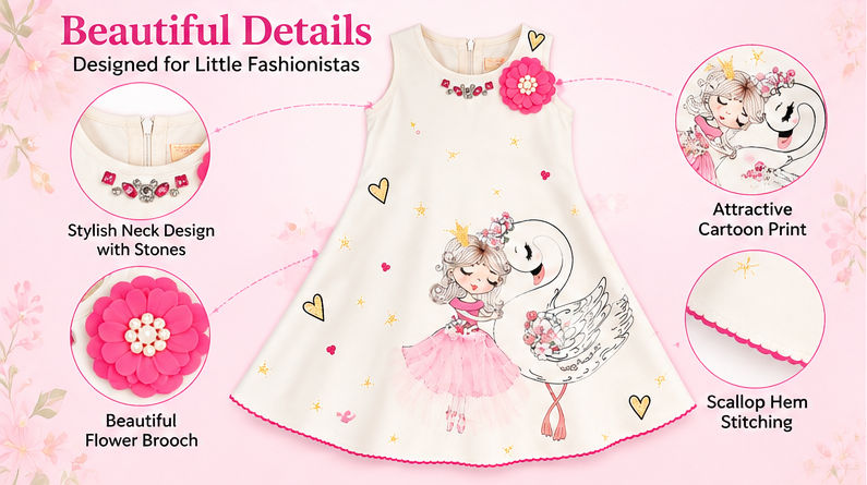 Girls White Printed Sleeveless Party Wear Frock with Ballerina & Swan Design, 3D Pink Floral Embellishment and Matching Sling Bag – Designer Dress Set