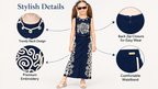 Girls Navy Blue Floral 3D Embellished Jacket with White Printed T-Shirt and Mini Skirt – Stylish 3-Piece Designer Party Wear Set