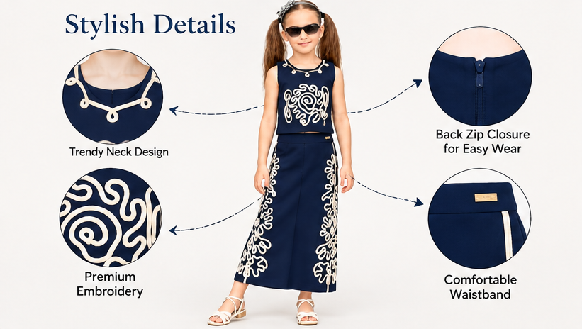 Girls Navy Blue Floral 3D Embellished Jacket with White Printed T-Shirt and Mini Skirt – Stylish 3-Piece Designer Party Wear Set