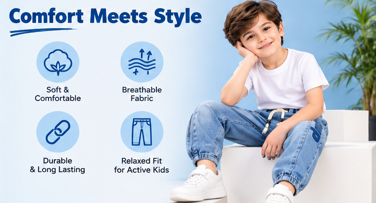 Boys Light Blue Printed Jogger Jeans with Elasticated Waist, Drawstring and White Round Neck T-Shirt – Stylish Casual Wear Set