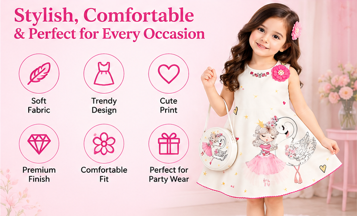Girls White Printed Sleeveless Party Wear Frock with Ballerina & Swan Design, 3D Pink Floral Embellishment and Matching Sling Bag – Designer Dress Set