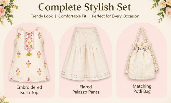 Girls Cream Sharara Set | Sleeveless Floral Printed Kurti with Wide Leg Sharara Pants | 2-Piece Traditional Ethnic Wear for Festivals and Parties