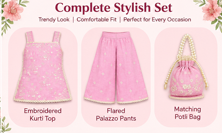 Girls Pink Sharara Set | Sleeveless Floral Printed Kurti with Matching Wide Leg Pants | Lace Trim Ethnic Wear for Kids | Festive and Party Outfit