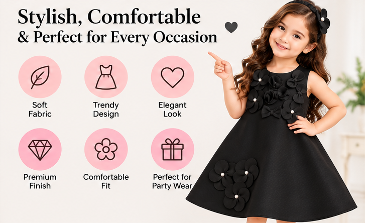 Girls Black Sleeveless Party Wear Frock with 3D Floral Appliqué, Pearl Embellishments and Flared A-Line Design – Designer Birthday Dress