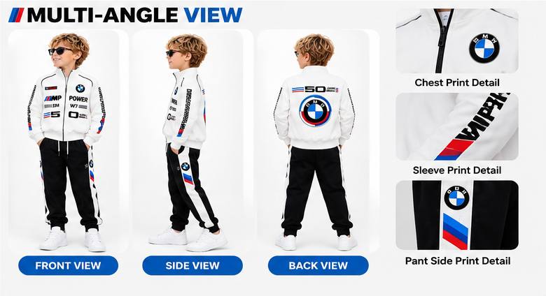 Boys White and Black Printed Co-Ord Set | Full Sleeve Zip-Up Jacket with Matching Jogger Pants | Sporty Casual Outfit for Kids
