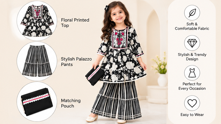 Girls Black and White Sharara Set | Floral Print Kurti with Striped Sharara Pants and Matching Dupatta | 3-Piece Ethnic Wear for Festivals and Parties]