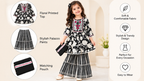 Girls Black and White Sharara Set | Floral Print Kurti with Striped Sharara Pants and Matching Dupatta | 3-Piece Ethnic Wear for Festivals and Parties]