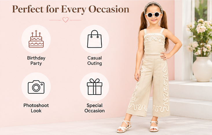 Girls Beige Embroidered Co-Ord Set with Sleeveless Top and Wide Leg Pants – Stylish Designer 2-Piece Party Wear Outfit