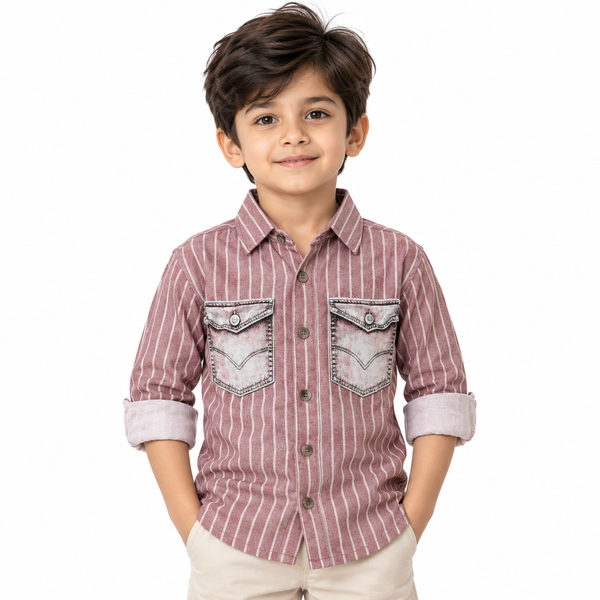 Boys World Boys Casual Striped Shirt with Dual Chest Pockets and Roll-Up Sleeves – Dusty Pink