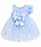Girls' Premium Sky Blue Tulle Party Wear Frock with Statement Bow – Elegant Sleeveless Princess Dress