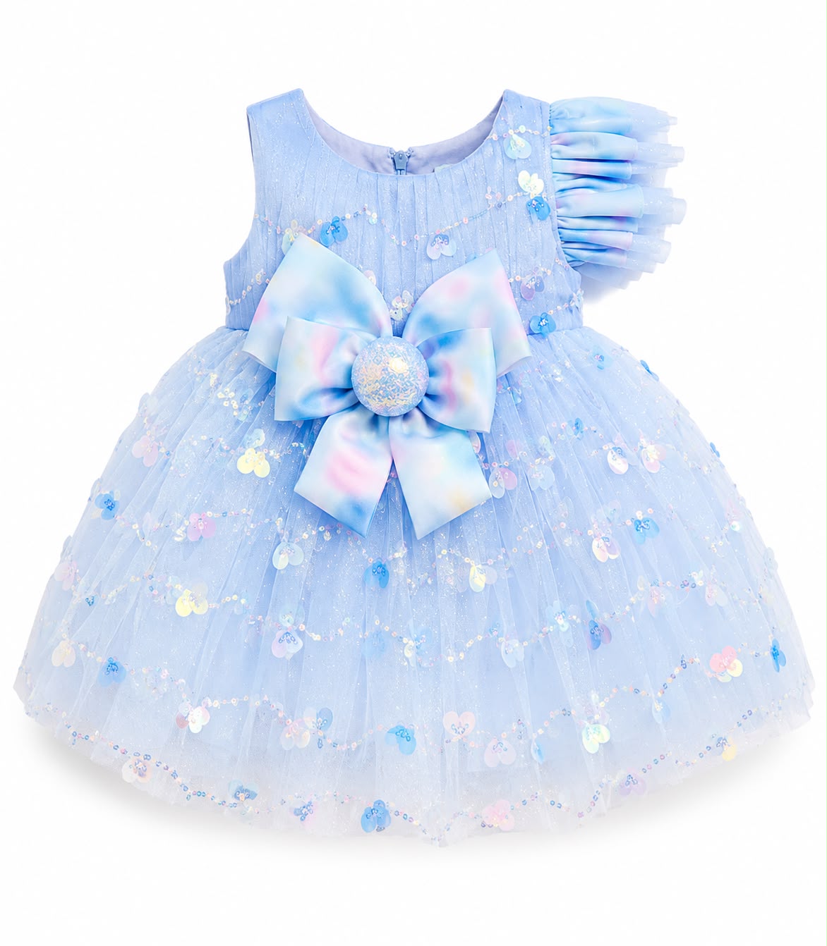 Girls' Premium Sky Blue Tulle Party Wear Frock with Statement Bow – Elegant Sleeveless Princess Dress