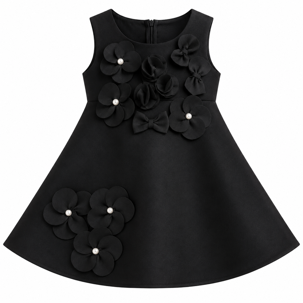 Girls Black Sleeveless Party Wear Frock with 3D Floral Appliqué, Pearl Embellishments and Flared A-Line Design – Designer Birthday Dress