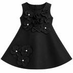 Girls Black Sleeveless Party Wear Frock with 3D Floral Appliqué, Pearl Embellishments and Flared A-Line Design – Designer Birthday Dress