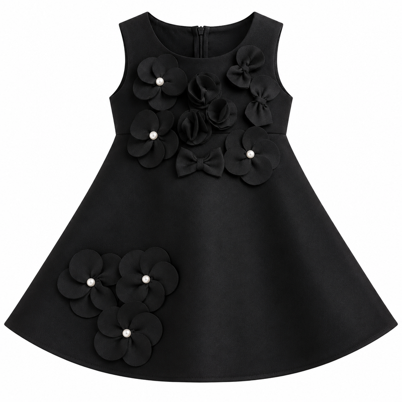 Girls Black Sleeveless Party Wear Frock with 3D Floral Appliqué, Pearl Embellishments and Flared A-Line Design – Designer Birthday Dress
