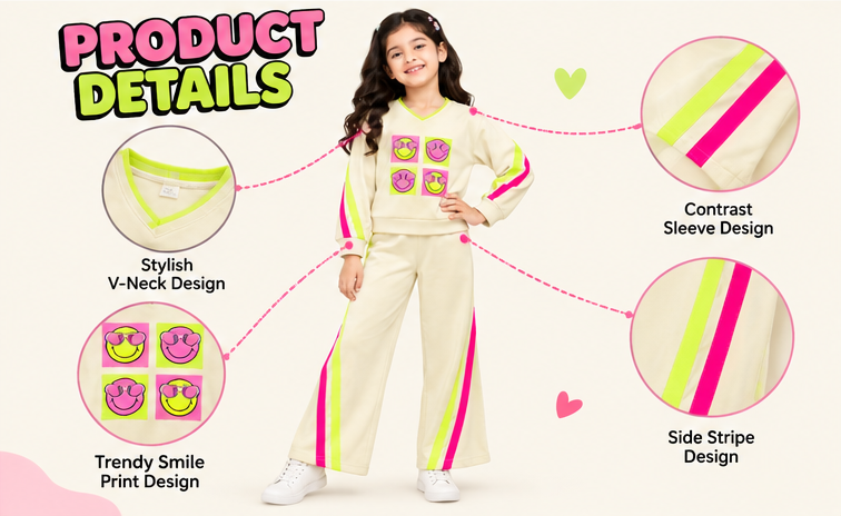 Girls Co-Ord Set | Full Sleeve Sweatshirt and Wide Leg Pants | Smiley Face Graphic Print | Contrast Stripe Detail | 2-Piece Casual Wear Set