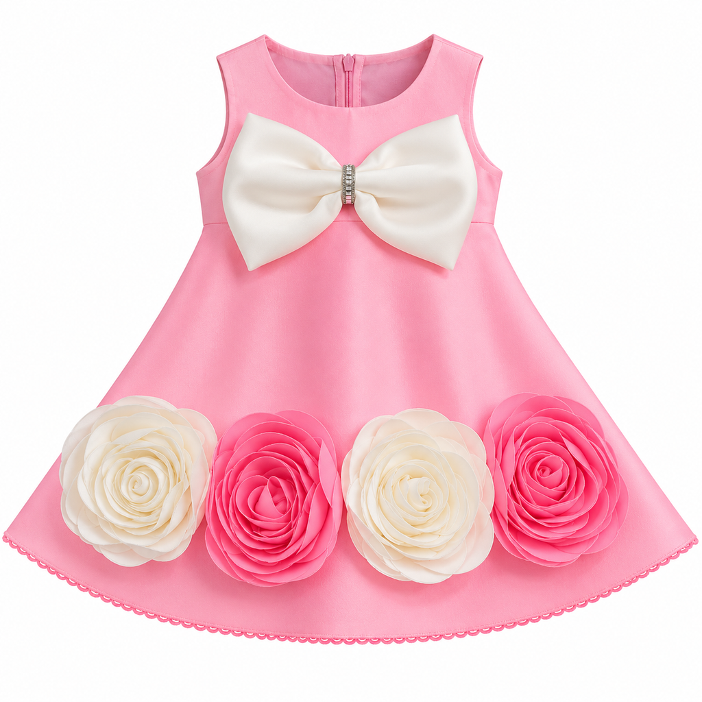 Girls Pink Sleeveless Party Wear Frock with Large White Bow, 3D Pink & White Rose Floral Appliqué and Decorative Hem – Designer Birthday Dress