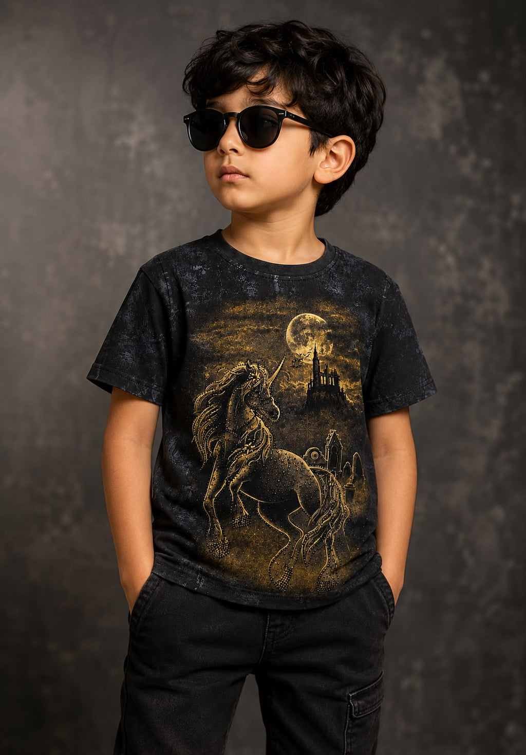 Boys Charcoal Gray Unicorn Graphic Half Sleeve T-Shirt