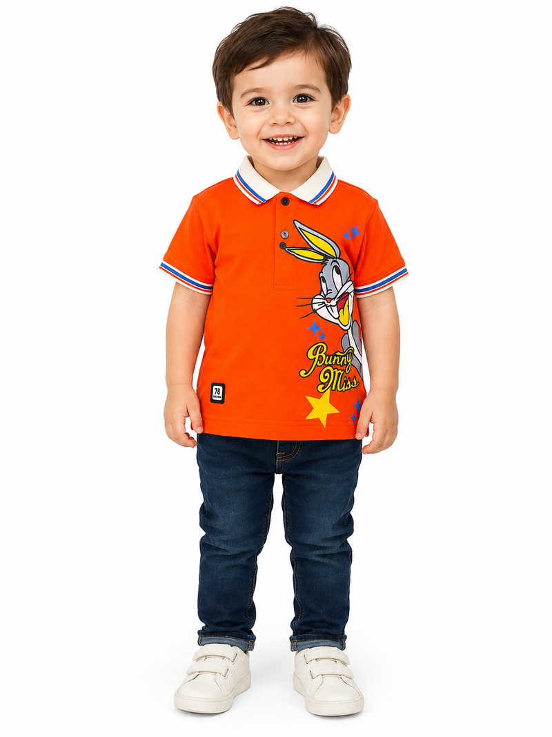 Boys' Orange Collared Graphic Print Polo T-Shirt