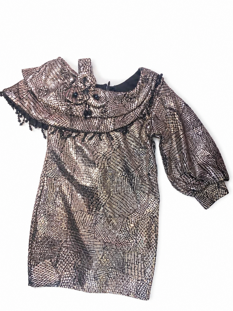 Girls Elegant Gold Patterned Midi Dress with Shoulder Accent