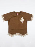 Brown Floral Appliqué Girls Half Sleeve T-Shirt