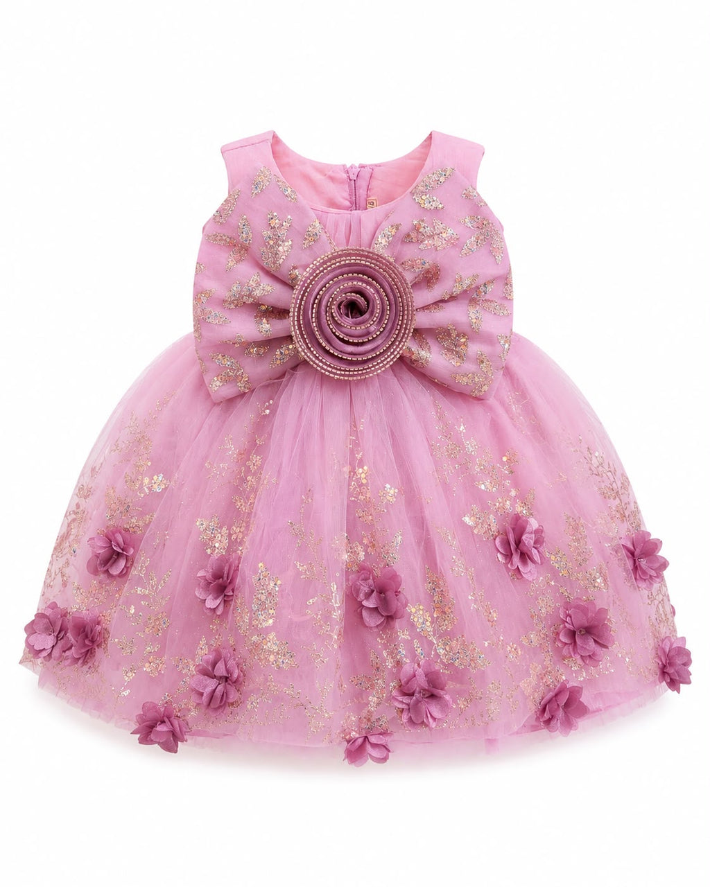 Girls' Premium Pink Floral Tulle Party Wear Frock with 3D Rosette Bow – Elegant Sleeveless Princess Dress