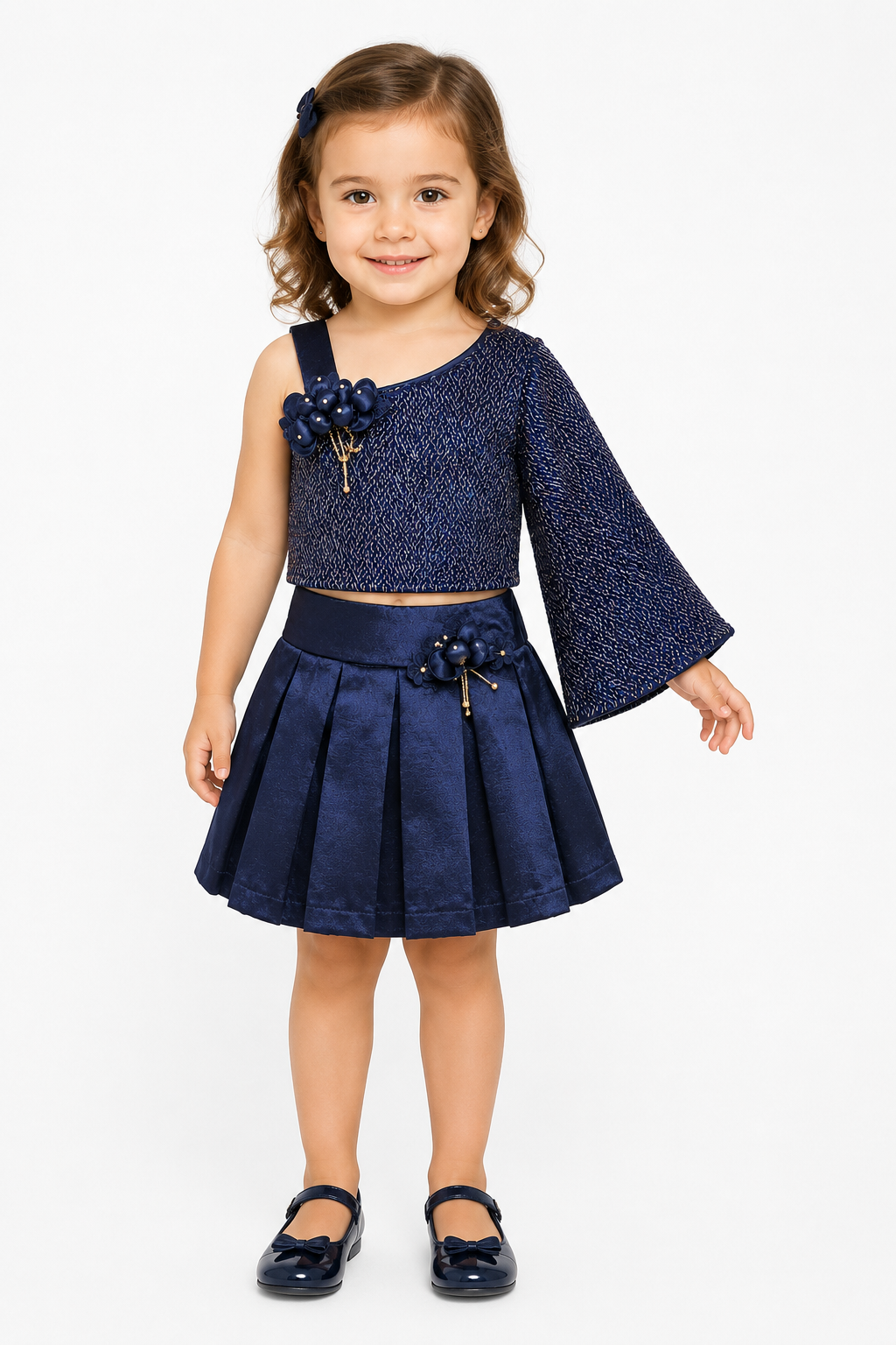 Girls Two-Piece Top and Skirt Set - Navy Blue