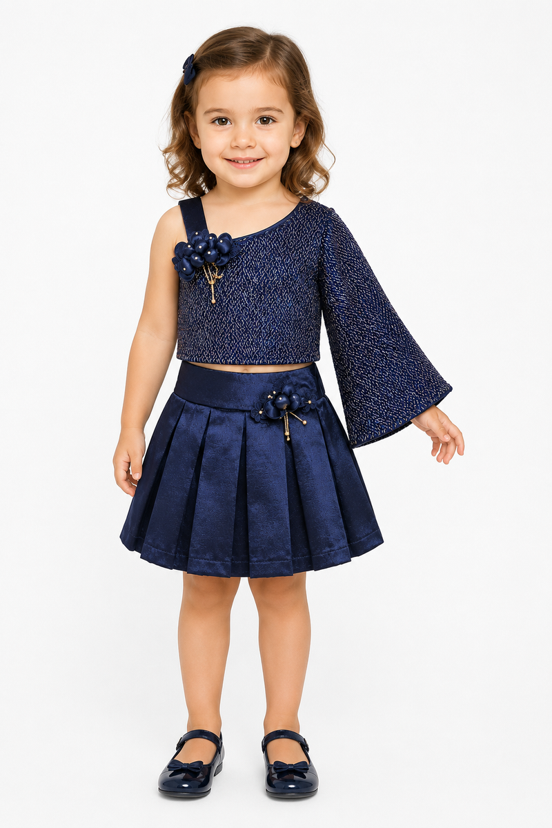 Girls Two-Piece Top and Skirt Set - Navy Blue