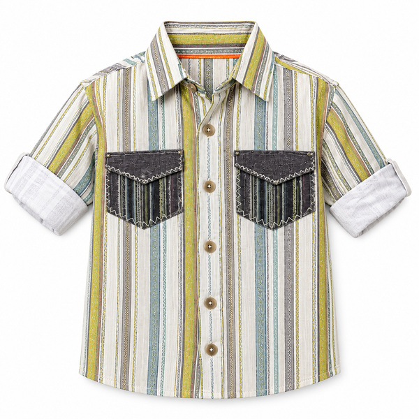 Boys World Boys Multicolour Striped Casual Shirt with Dual Chest Pockets and Roll-Up Sleeves