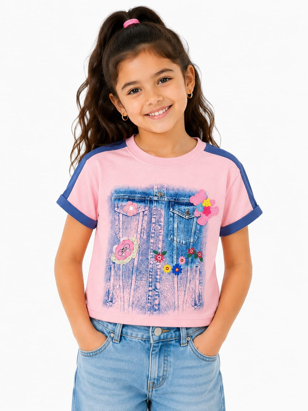 Girls Pink Graphic Print Half Sleeve Top