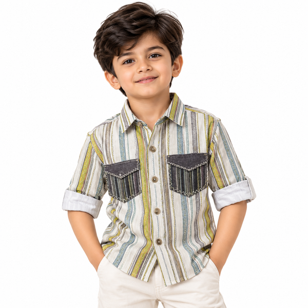 Boys World Boys Multicolour Striped Casual Shirt with Dual Chest Pockets and Roll-Up Sleeves