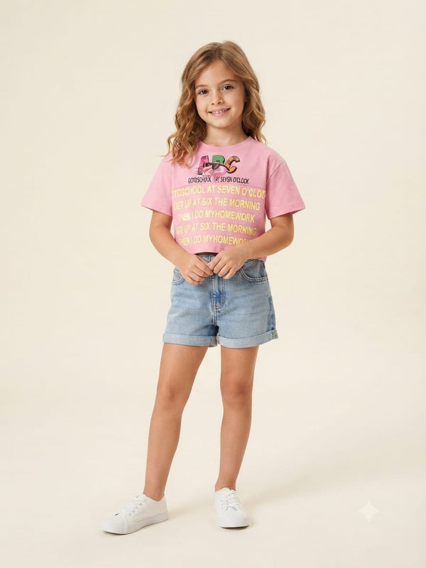 Pink Graphic Print Girls Crop T-Shirt