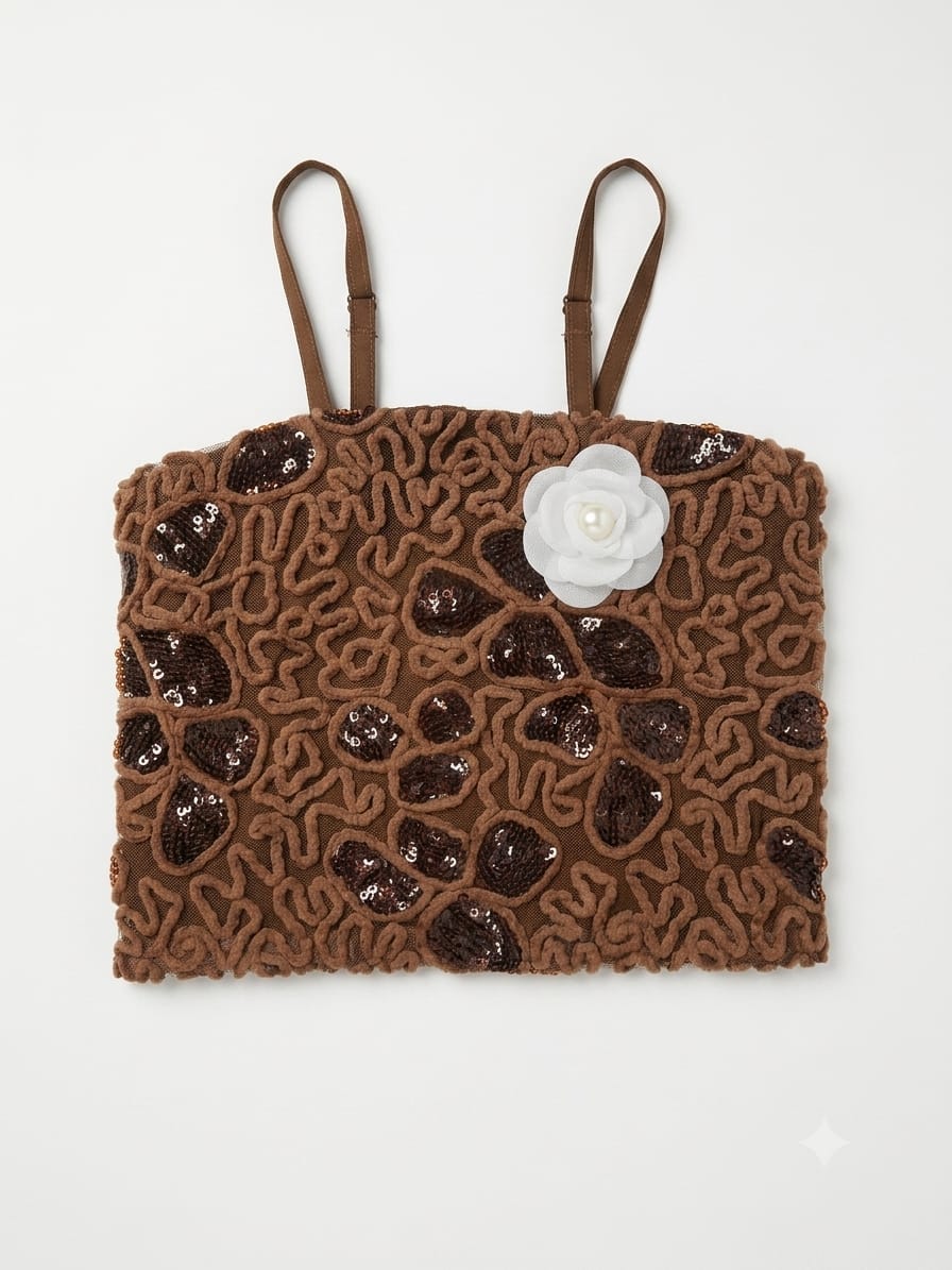 Girls Brown Sequin Embellished Camisole Crop Top