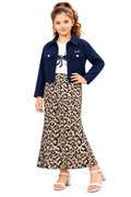 Girls Navy Blue Jacket with White Printed T-Shirt and Leopard Print Maxi Skirt – Stylish 3-Piece Designer Co-Ord Set