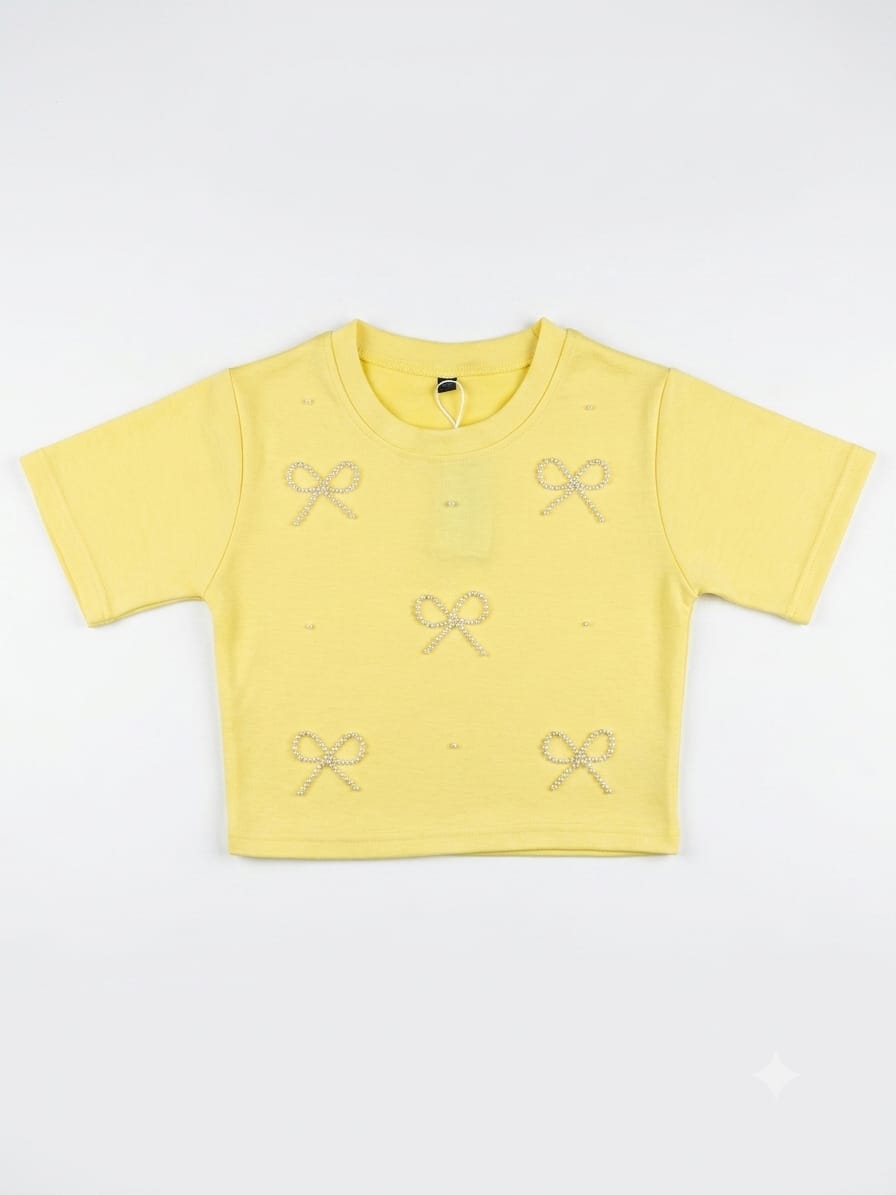 Pastel Yellow Pearl Bow Embellished Girls Half Sleeve T-Shirt