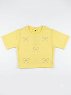 Pastel Yellow Pearl Bow Embellished Girls Half Sleeve T-Shirt