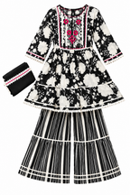 Girls Black and White Sharara Set | Floral Print Kurti with Striped Sharara Pants and Matching Dupatta | 3-Piece Ethnic Wear for Festivals and Parties]
