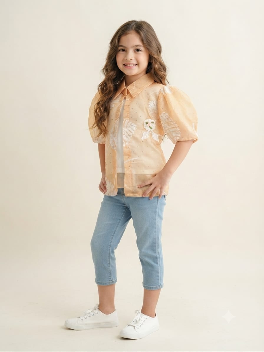 Beige Printed Girls Layered Top Set