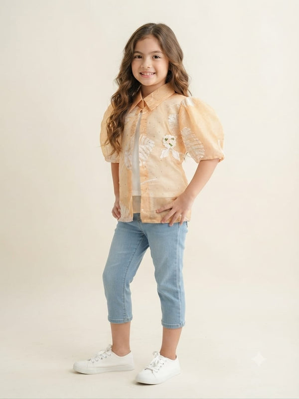 Beige Printed Girls Layered Top Set