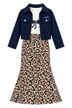 Girls Navy Blue Jacket with White Printed T-Shirt and Leopard Print Maxi Skirt – Stylish 3-Piece Designer Co-Ord Set