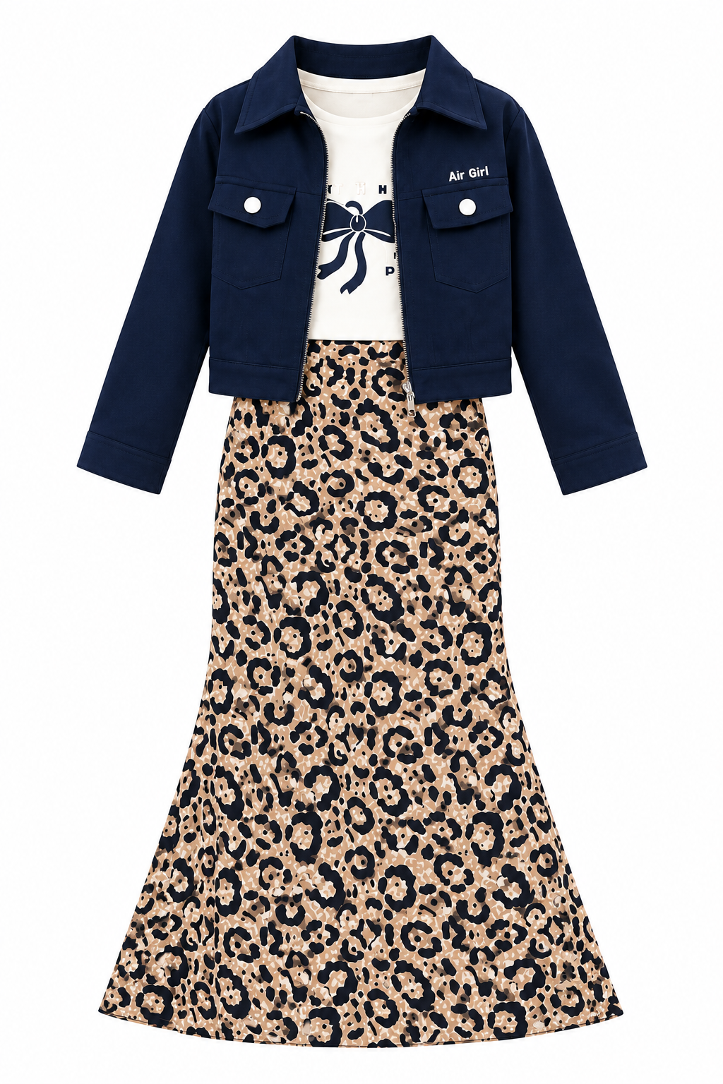 Girls Navy Blue Jacket with White Printed T-Shirt and Leopard Print Maxi Skirt – Stylish 3-Piece Designer Co-Ord Set