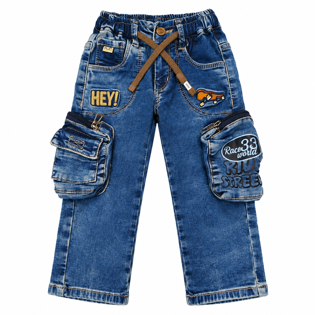 Boys Dark Blue Printed Denim Cargo Jeans with Adjustable Drawstring Waist, Multiple Utility Pockets and Graphic Patch Detailing – Stylish Casual Wear