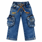 Boys Dark Blue Printed Denim Cargo Jeans with Adjustable Drawstring Waist, Multiple Utility Pockets and Graphic Patch Detailing – Stylish Casual Wear