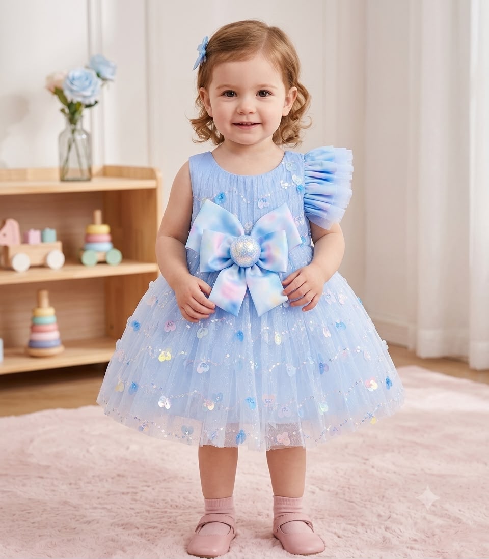 Girls' Premium Sky Blue Tulle Party Wear Frock with Statement Bow – Elegant Sleeveless Princess Dress