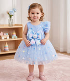 Girls' Premium Sky Blue Tulle Party Wear Frock with Statement Bow – Elegant Sleeveless Princess Dress