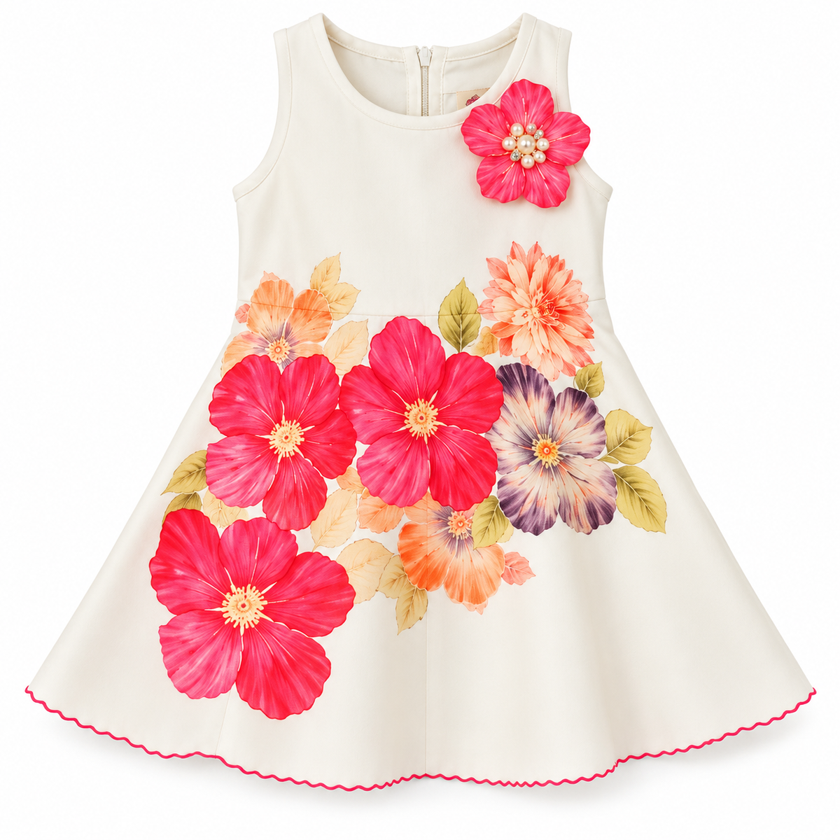 Girls White Floral Printed Sleeveless Party Wear Dress with 3D Pink Flower Embellishment and Flared A-Line Skirt – Stylish Designer Dress