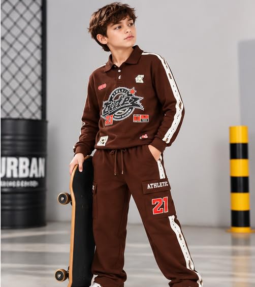 Boys Brown Printed Co-Ord Set with Full Sleeve Top and Jogger Pants | Collared Sweatshirt with Side Stripes and Cargo Pockets | Casual Outfit for Kids