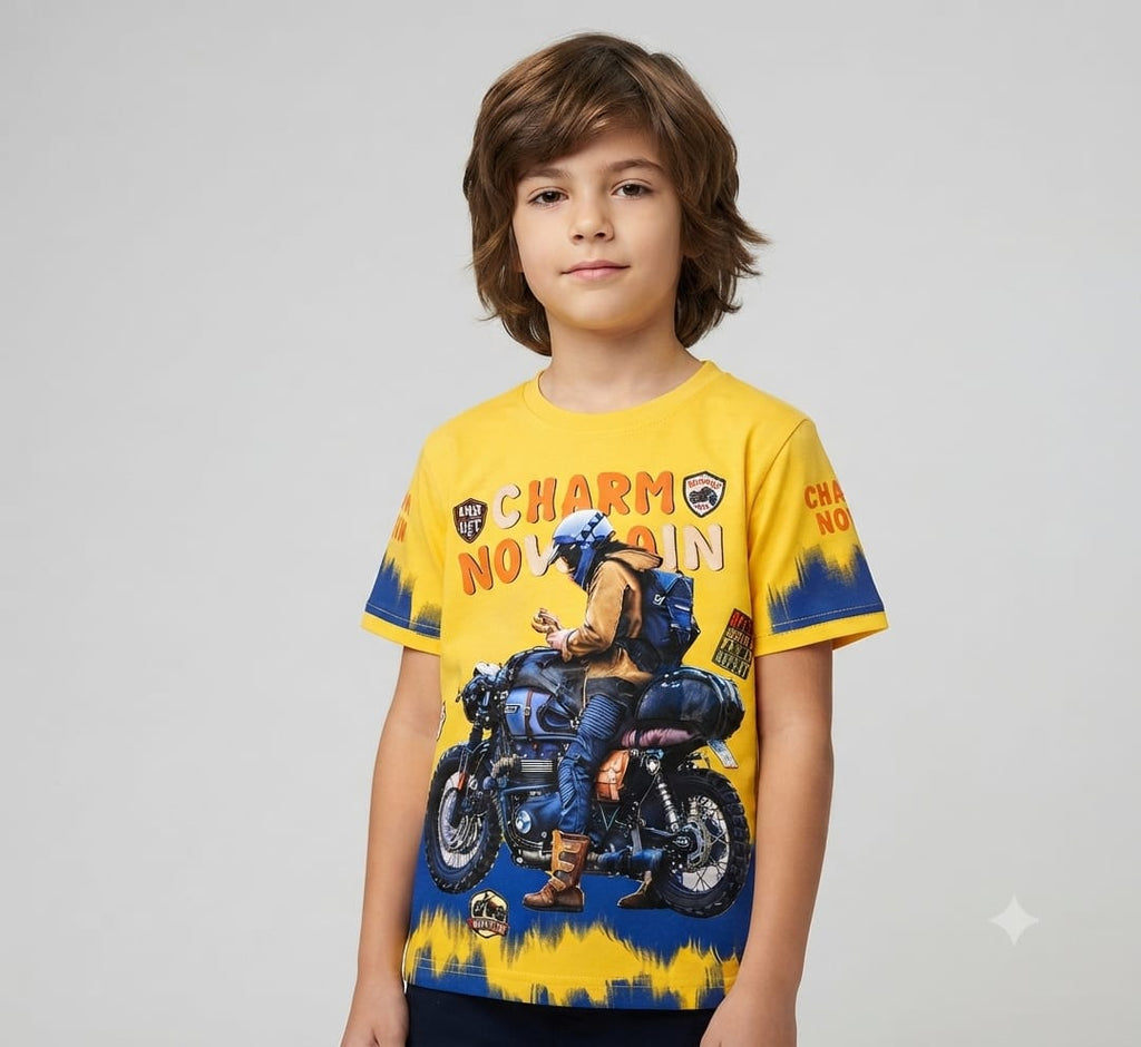 Kids Yellow Motorcycle Rider Graphic Printed T-Shirt