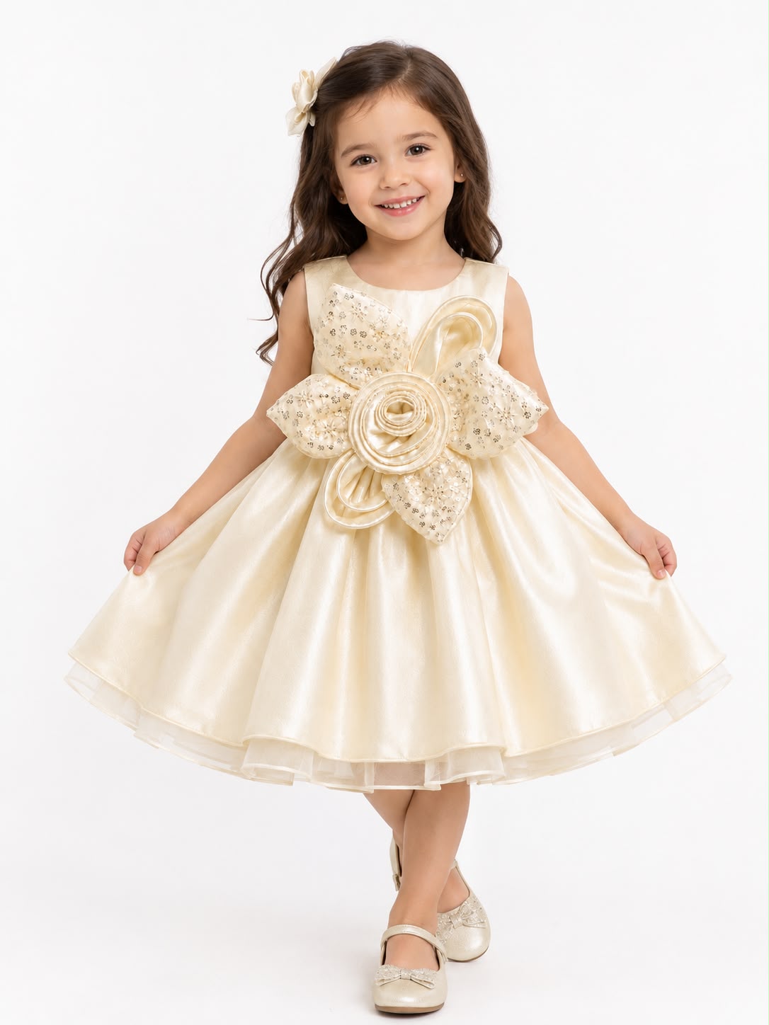 Girls' Premium Champagne Satin Party Wear Frock with 3D Floral Appliqué – Elegant Sleeveless Princess Frock