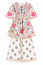 Girls Floral Printed Kurta Sharara Set | 3/4 Sleeve Ethnic Top with Matching Wide Leg Pants | Colourful Traditional Festive Wear for Kids